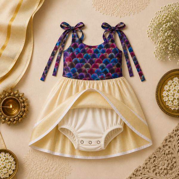 Purple & Blue Scallop Print Cream Gold Baby Frock