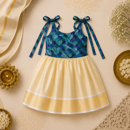 Teal Blue Scallop Print & Cream Gold Baby Frock
