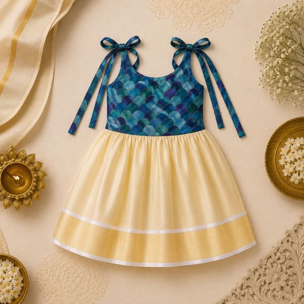 Teal Blue Scallop Print & Cream Gold Baby Frock