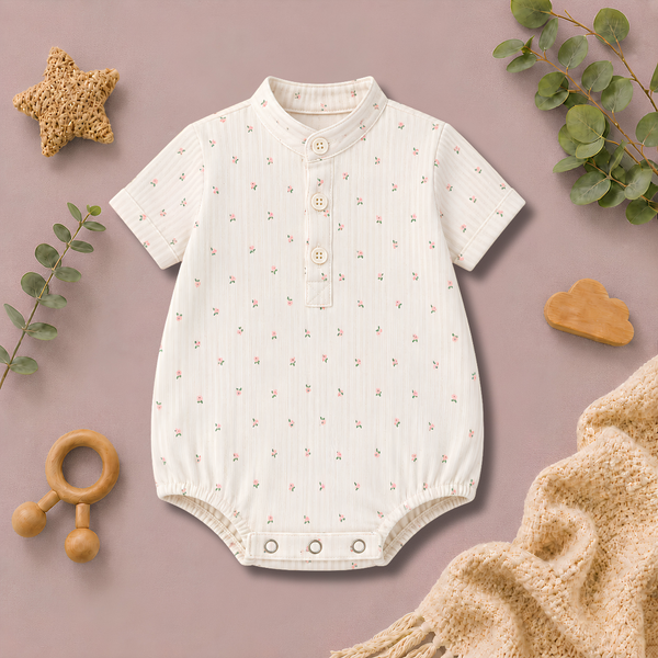 Tiny Floral Print Mandarin-Collar Baby Button Romper