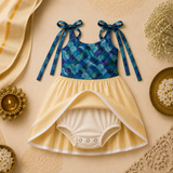 Teal Blue Scallop Print & Cream Gold Baby Frock