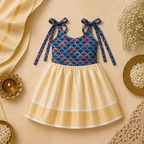 Peacock Blue & Rose Scallop Print Cream Gold Baby Frock