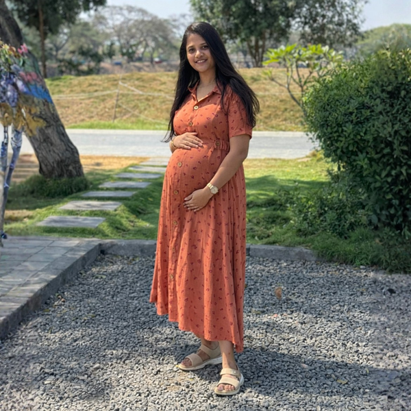 Rust Floral Maternity Shirt Dress – Cotton Feeding-Friendly Dress