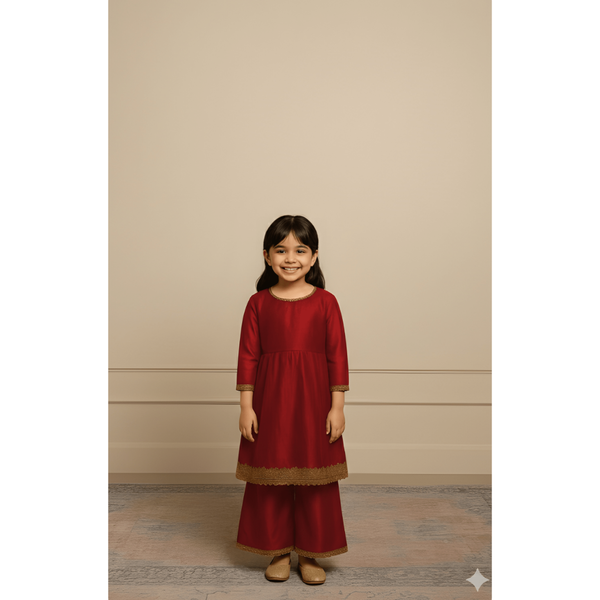 HERITAGE RAW SILK_RED_GIRL KID SET