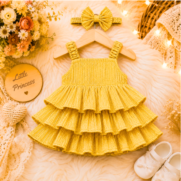 Yellow Premium Glitter Tiered Ruffle Party Dress with Matching Hair Bow