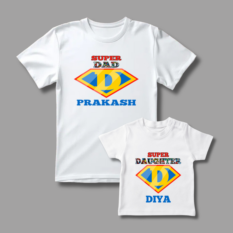 Celebrate the Fathers' day with "Super DAD & Super DAUGHTER" White Colored Combo T-shirt