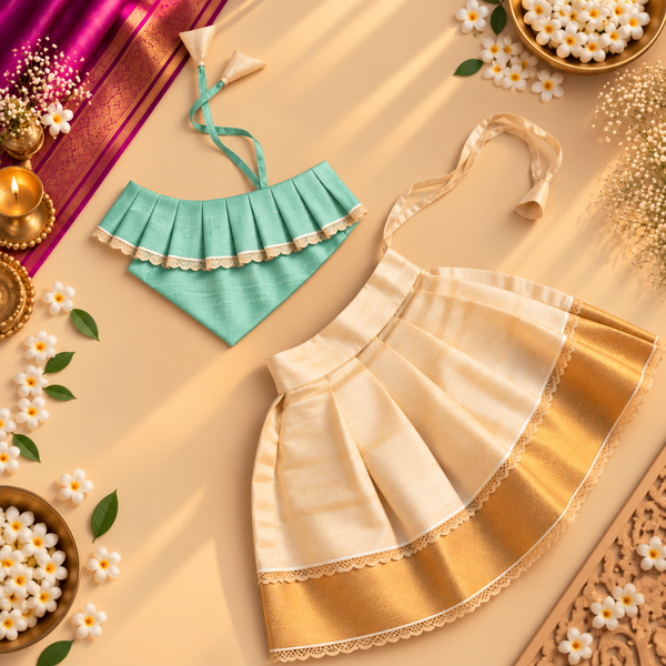 Mint Green One-Shoulder Top with Kasavu Romper Skirt