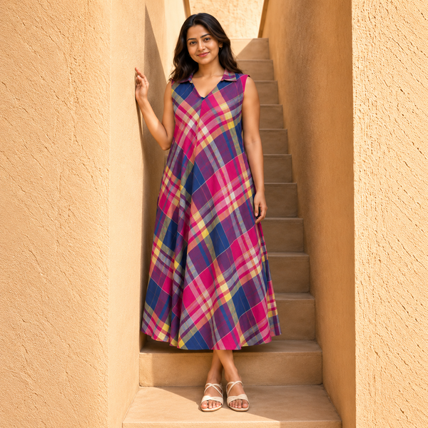 Women’s Checked Flare Dress – Stylish Casual Maxi Dress