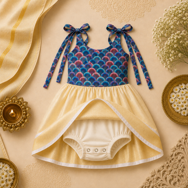 Peacock Blue & Rose Scallop Print Cream Gold Baby Frock