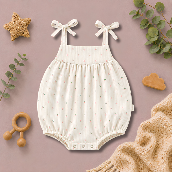 Tiny Floral Print Bow-Strap Baby Romper