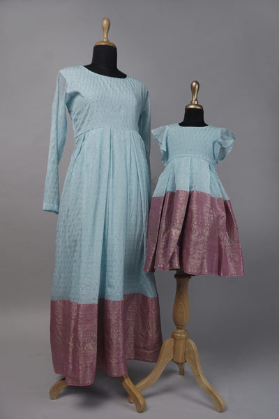 Sky Blue & Mauve Silk Blend Family Ethnic Wear Set - Mom and Daughter Coordinated Outfits