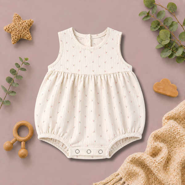 Tiny Floral Print Sleeveless Gathered Baby Romper