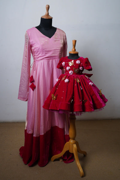 Pink and wine matching mom-daughter dress set with butterfly embellishments