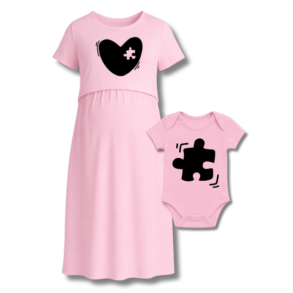 Missing Piece Heart Printed Maternity Feeding Maxi And Romper Combo