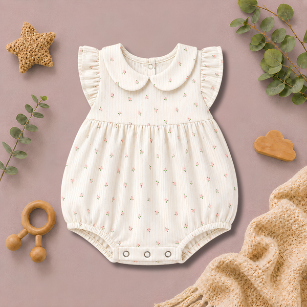 Tiny Floral Print Peter Pan Collar Ruffle Baby Romper Frock