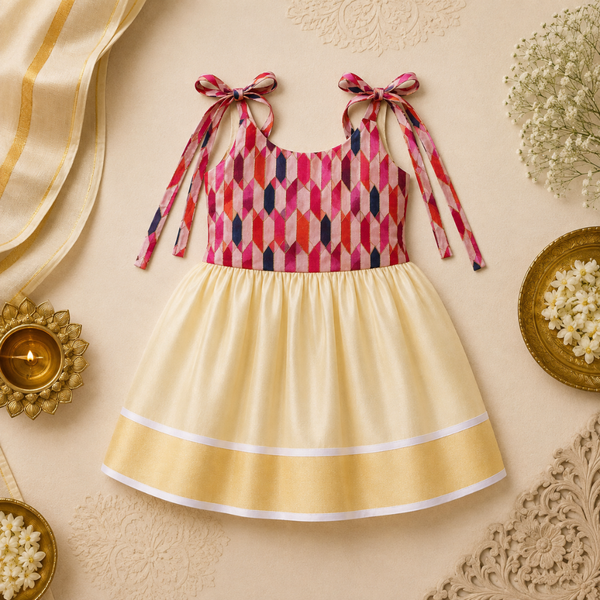 Pink Geometric Print & Cream Gold Baby Frock