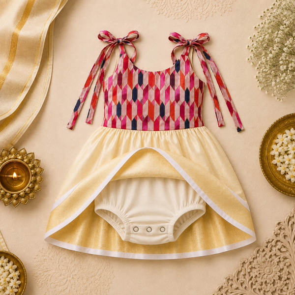 Pink Geometric Print & Cream Gold Baby Frock
