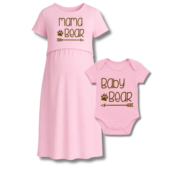 “Mama & Baby Bear Matching Set – Pink Maternity Dress & Baby Onesie”