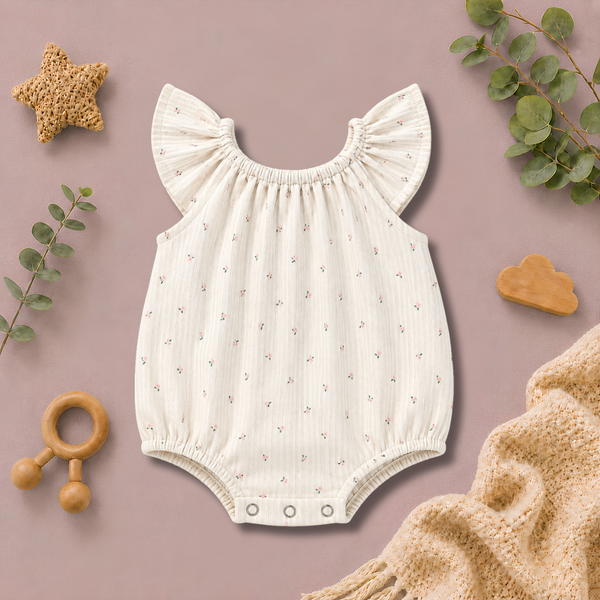 Tiny Floral Print Flutter-Sleeve Baby Romper