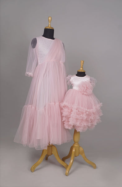 Pastel Pink Mother Daughter Gown Set with Layered Tulle and Embellished Bodice - Anveshana Clothing