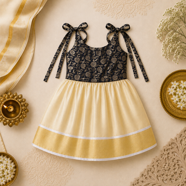 Black & Gold Floral Print Cream Gold Baby Frock