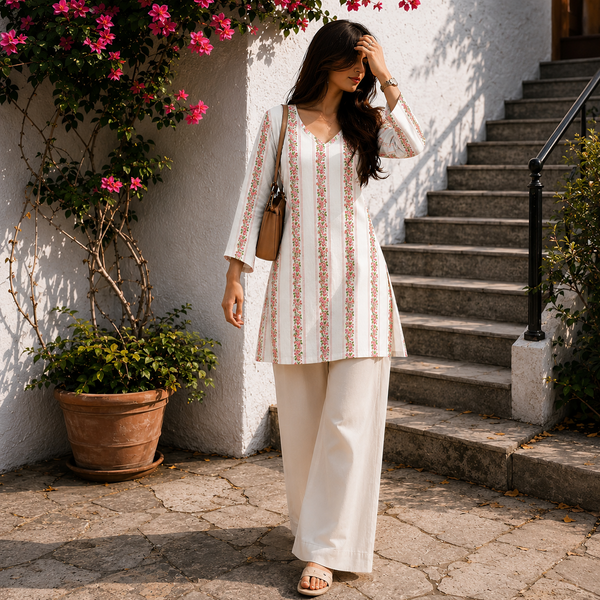 Rose Vine Stripe Cotton Straight Short Kurti for Women