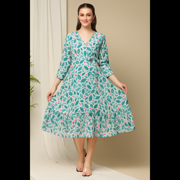 Teal Leaf-Print Midi Dress with Ruffle Hem