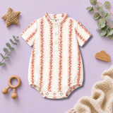 Vintage Rose Stripe Mandarin-Collar Baby Button Romper