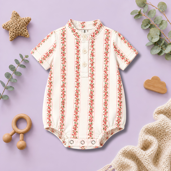 Vintage Rose Stripe Mandarin-Collar Baby Button Romper