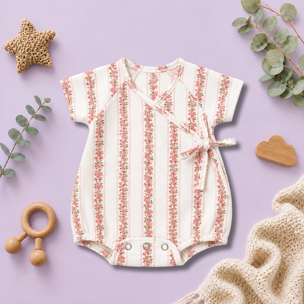 Vintage Rose Stripe Wrap-Style Baby Romper