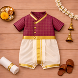 Classic Maroon Checks Baby Ethnic Dhoti Romper