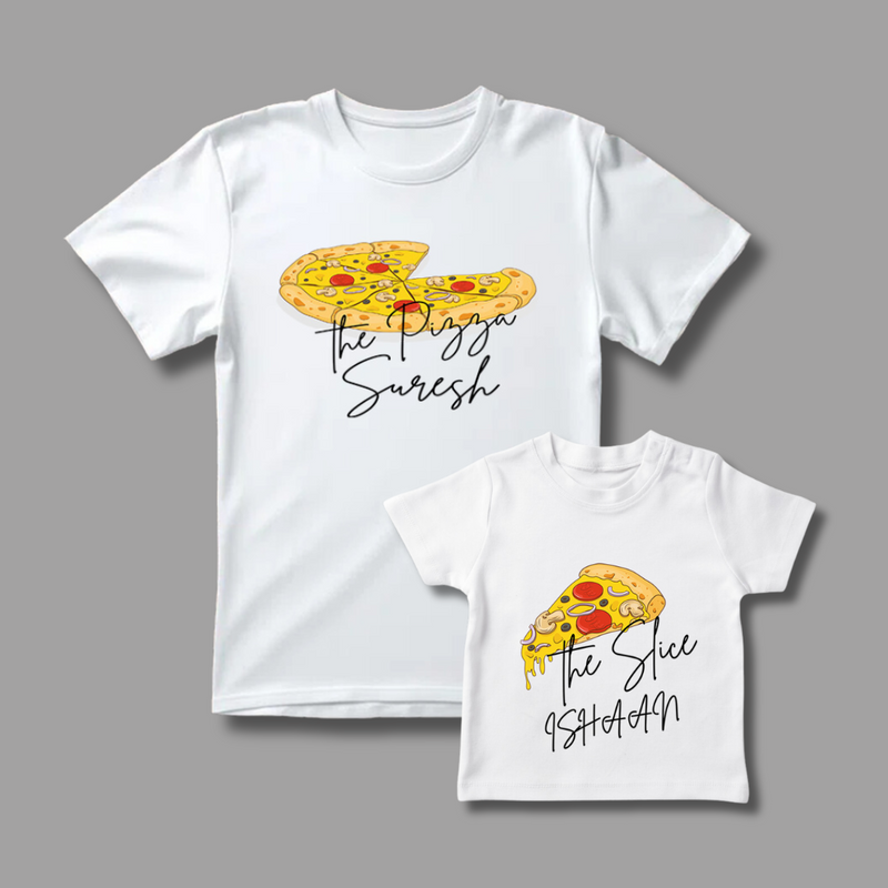 Dad and Kid "The Pizza and The Slice" Customized White Combo T-Shirt Collection
