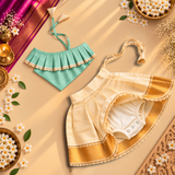 Mint Green One-Shoulder Top with Kasavu Romper Skirt