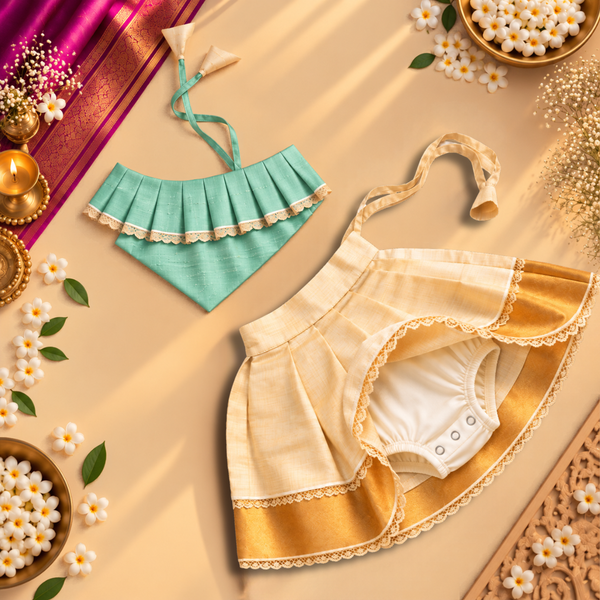 Mint Green One-Shoulder Top with Kasavu Romper Skirt