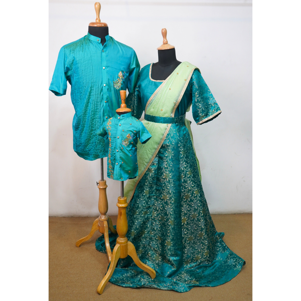 Emerald Bloom Traditional Family Matching Outfit Set-Dad, Mom, Son.