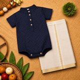 Classic Navy Blue Checks Baby Ethnic Romper with Kasavu Dhoti