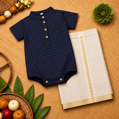 Classic Navy Blue Checks Baby Ethnic Romper with Kasavu Dhoti