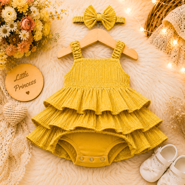 Yellow Premium Glitter Tiered Ruffle Party Dress with Matching Hair Bow