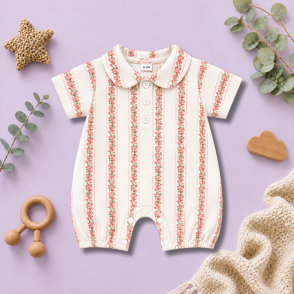 Vintage Rose Stripe Peter Pan Collar Baby Romper Suit