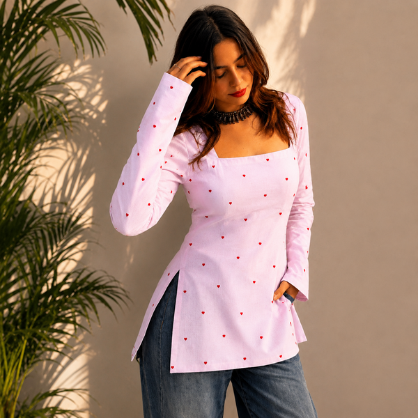 Blush Heart Print Cotton Short Kurti for Women
