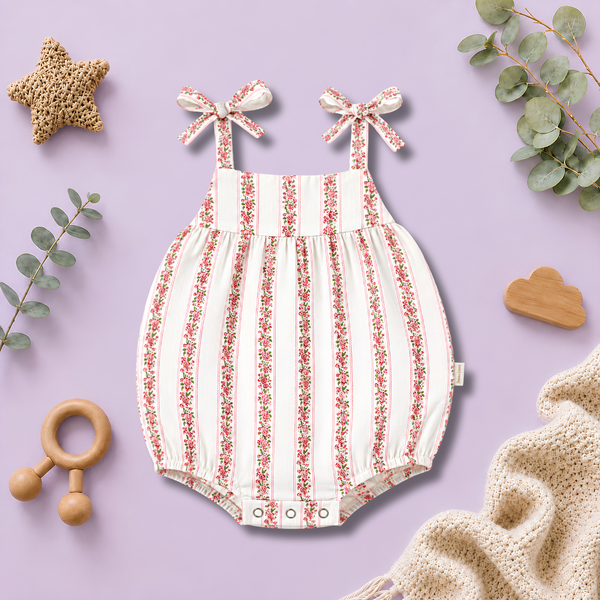 Vintage Rose Stripe Bow-Strap Baby Romper