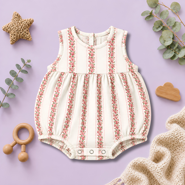 Vintage Rose Stripe Sleeveless Gathered Baby Romper