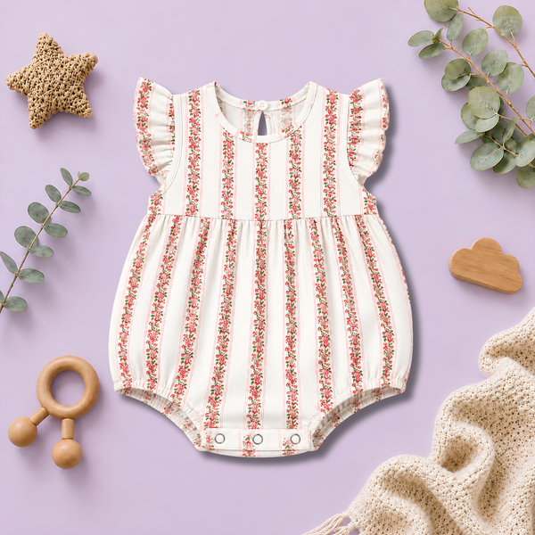 Vintage Rose Stripe Ruffle-Sleeve Baby Romper Frock