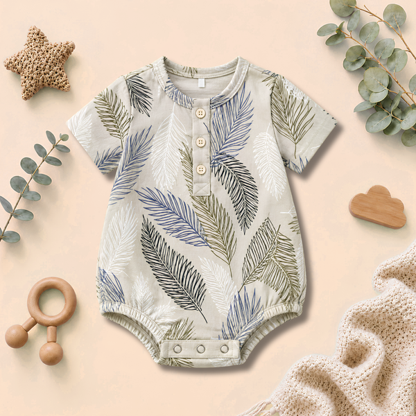 Tropical Leaf Print Round-Neck Baby Button Romper