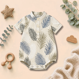 Tropical Leaf Print Mandarin-Collar Baby Button Romper