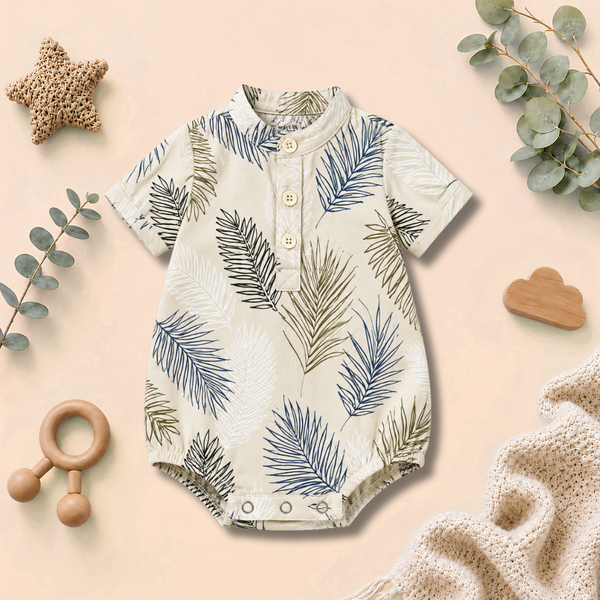 Tropical Leaf Print Mandarin-Collar Baby Button Romper