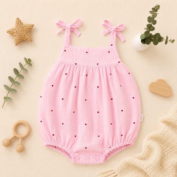 Sweetheart Print Bow-Strap Baby Romper