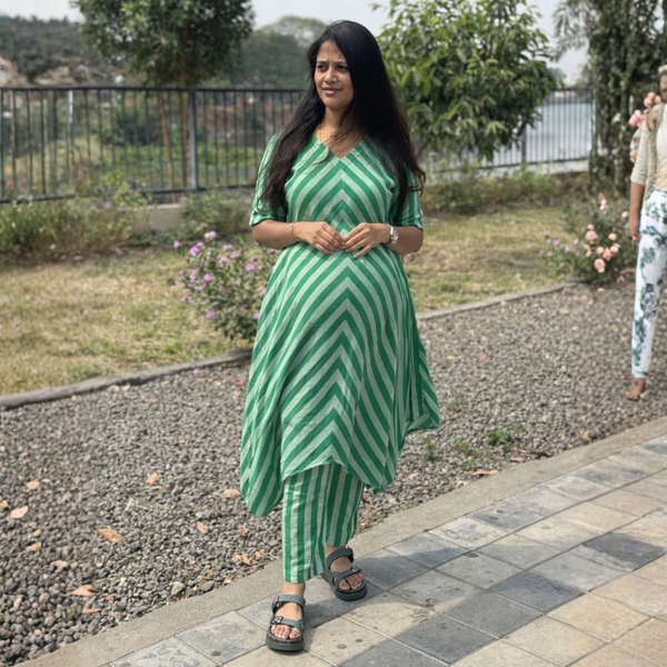 Green Striped Maternity A-Line Dress – Cotton Feeding-Friendly Dress