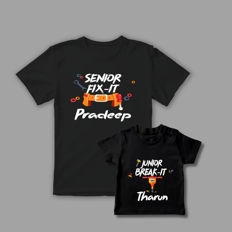 Celebrate the Fathers' day with "Senior Fix-It & Junior Break-It" Black Colored Combo T-shirt
