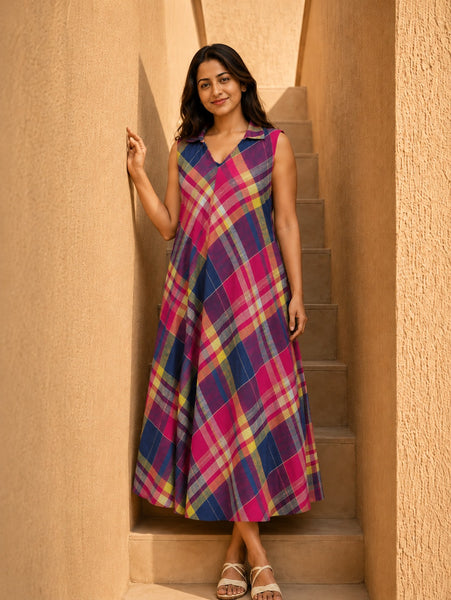 Women’s Checked Flare Dress – Stylish Casual Maxi Dress